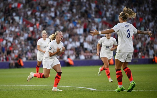 Beth Mead of England celebrates scoring her goal with Rachel Daly during the UEFA Women's Euro England 2022 group A match between Northern Ireland and England at St Mary's Stadium on July 15, 2022 in Southampton, United Kingdom. (Photo by Dylan Martinez/Reuters)