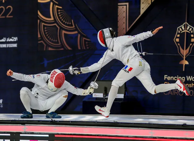 Romain Cannone (R) of France competes against Minobe Kazuyasu of Japan during the men's epee individual final at the 2022 Fencing World Championships in Cairo, Egypt, on July 19, 2022. (Photo by Xinhua News Agency/Rex Features/Shutterstock)