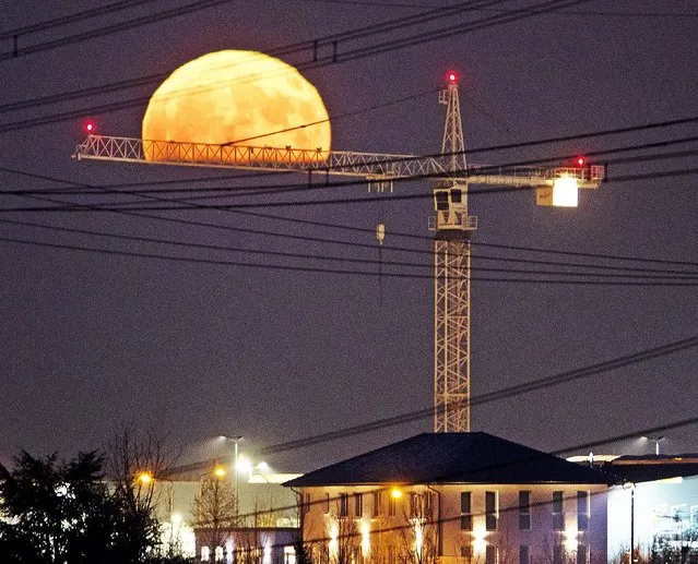 The full moon seems to sit on a crane as it rises in Frankfurt, Germany, Friday, November 23, 2018. (Photo by Michael Probst/AP Photo)