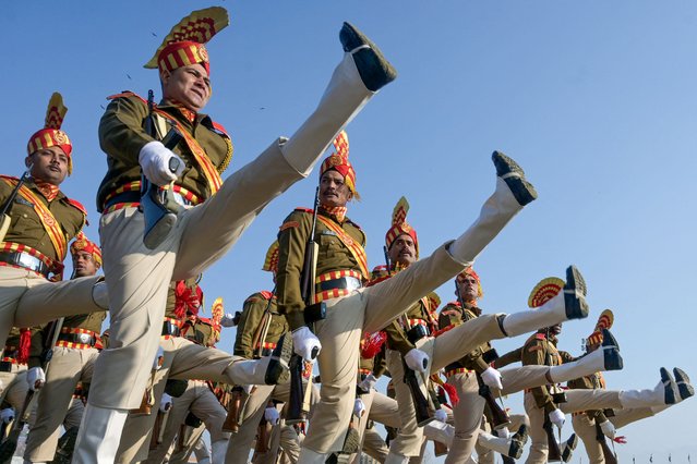 Jammu and Kashmir Armed Police (JKAP) participate in a dress rehearsal ahead of the Republic Day parade at Bakshi Stadium in Srinagar on January 24, 2025. (Photo by Tauseef Mustafa/AFP Photo)