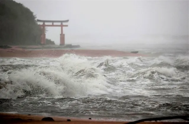 Waves batter the shore in Miyazaki, southern Japan, Sunday, September 18, 2022, as a powerful typhoon approaching southern Japan on Sunday lashed the region with strong winds and heavy rain. (Photo by Kyodo News via AP Photo)
