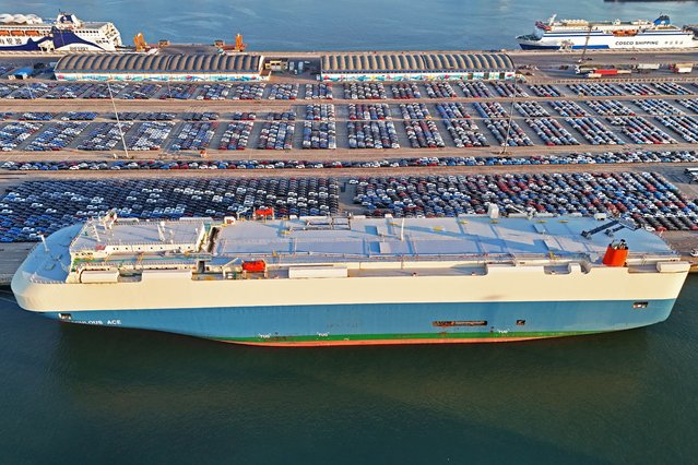 Aerial view of vehicles waiting to be loaded onto a ro-ro ship for export at Yantai Port on March 30, 2025 in Yantai, Shandong Province of China. (Photo by Sun Wentan/VCG via Getty Images)