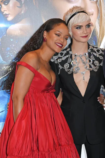 Rihanna (L) and Cara Delevingne attend the European Premiere of “Valerian And The City Of A Thousand Planets” at Cineworld Leicester Square on July 24, 2017 in London, England. (Photo by David M. Benett/Dave Benett/WireImage)