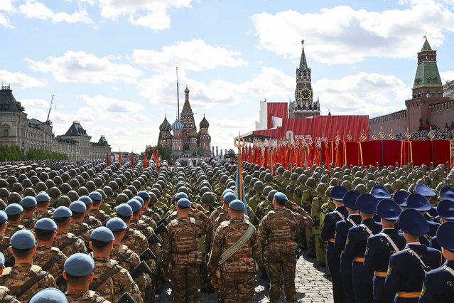 Russian servicemen attend the Victory Day military parade in Moscow, Russia, Friday, May 9, 2025, during celebrations of the 80th anniversary of the Soviet Union's victory over Nazi Germany during the World War II. (Photo by Pelagia Tikhonova/Photo host agency RIA Novosti via AP Photo)