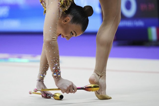 Lucia Gonzalez, of Spain, performs during the individual all-around final of the European Championships in Rhythmic Gymnastics at the Unibet Arena, Tallinn, Estonia, Saturday, June 7, 2025. (Photo by Sergei Grits/AP Photo)