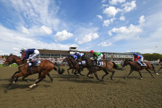 A general view as a packed grandstand watch the finish to The BetMGM All Weather Vase Mile Handicap at Lingfield Park on April 18, 2025 in Lingfield, England. (Photo by Alan Crowhurst/Getty Images)