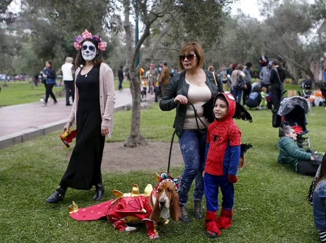 People and pets dressed in costumes attend a Pet's Halloween Day parade at El Olivar Park in San Isidro, Lima, October 31, 2015. (Photo by Mariana Bazo/Reuters)