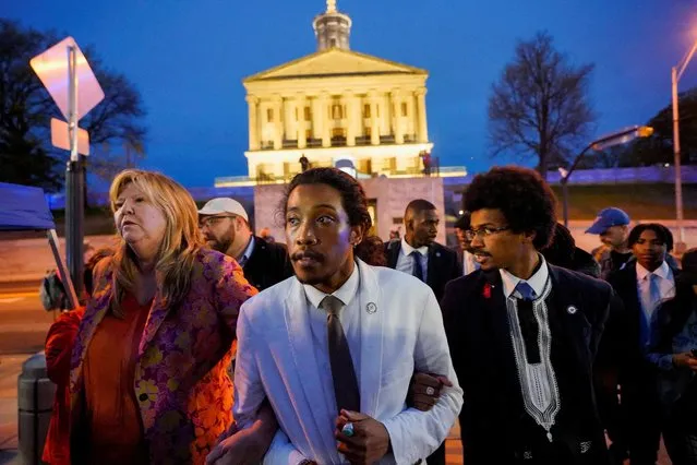 Rep. Justin Pearson, Rep. Justin Jones, and Rep. Gloria Johnson leave the Tennessee State Capitol after a vote at the Tennessee House of Representatives to expel two Democratic members for their roles in a gun control demonstration at the statehouse last week, in Nashville, Tennessee, U.S., April 6, 2023. (Photo by Cheney Orr/Reuters)