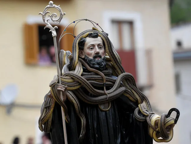 A statue of Saint Domenico covered with live snakes is carried by faithfuls during an annual procession in the streets of Cocullo, a small village in the Abruzzo region, Italy on May 1, 2018. (Photo by Tiziana Fabi/AFP Photo)