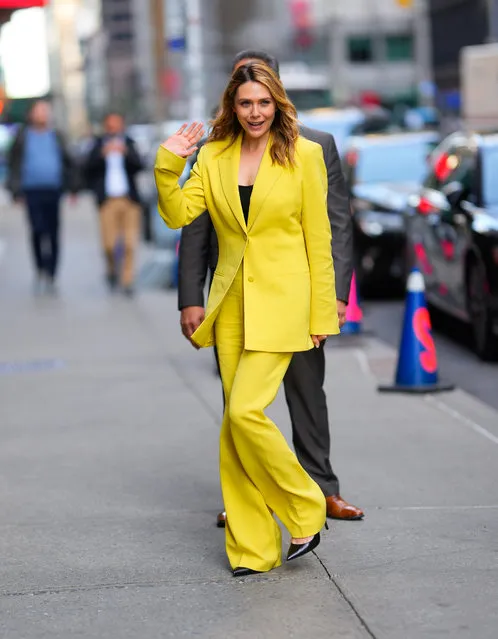 American actress Elizabeth Olsen arrives at “The Late Show with Stephen Colbert” on April 19, 2023 in New York City. (Photo by Gotham/GC Images)