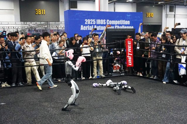 Unitree Robotics robots compete in a boxing match during the 2025 IEEE/RSJ International Conference on Intelligent Robots and Systems (IROS 2025) at Hangzhou International Expo Center (HIEC) on October 22, 2025 in Hangzhou, Zhejiang Province of China. (Photo by Long Wei/VCG via Getty Images)