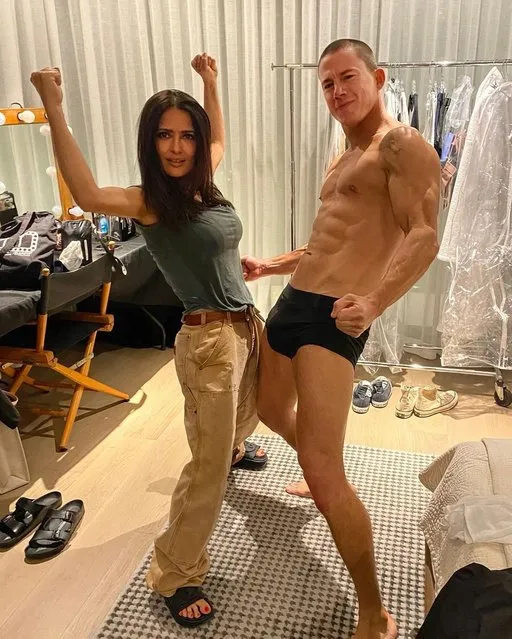 Mexican-American actress Salma Hayek in the last decade of April 2023 flexes her muscles with a shredded American actor Channing Tatum. (Photo by salmahayek/Instagram)