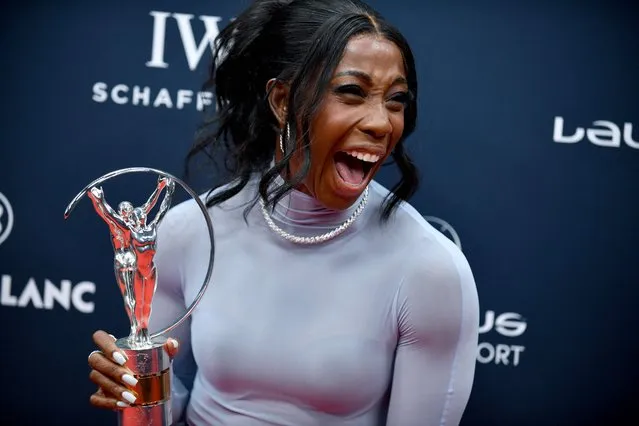 Jamaican sprinter athlete Shelly-Ann Fraser-Pryce poses with her Laureus World Sportswoman of the Year award during the 2023 Laureus World Sports Awards ceremony in Paris on May 8, 2023. (Photo by Julien de Rosa/AFP Photo)