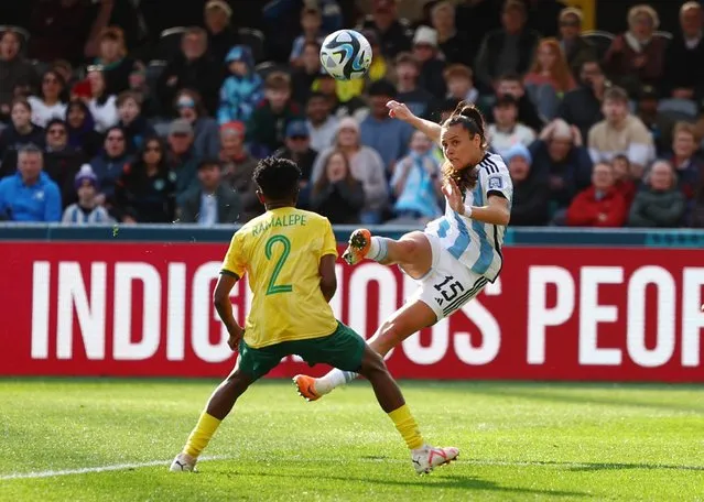 Lebohang Ramalepe of South Africa in action against Florencia Bonsegundo of Argentina during the FIFA Women's World Cup Australia & New Zealand 2023 Group G match between Argentina and South Africa at Dunedin Stadium on July 28, 2023 in Dunedin / Ōtepoti, New Zealand. (Photo by Molly Darlington/Reuters)