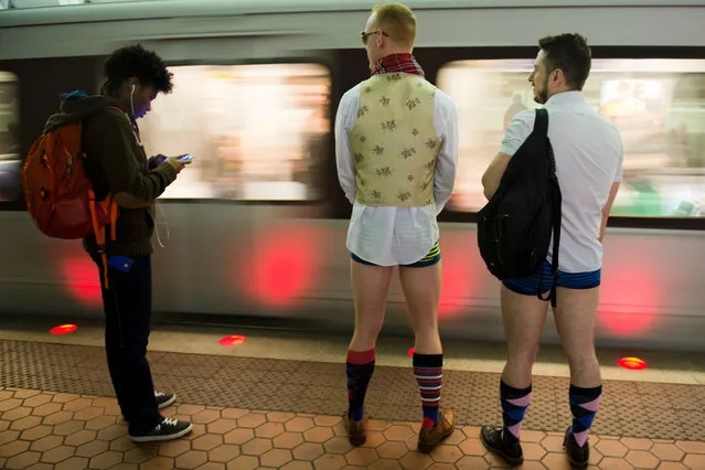 Participants in the No Pants Subway Ride DC, wait to ride the Metro on January 10, 2016 in Washington, DC. (Photo by Andrew Caballero-Reynolds/AFP Photo)