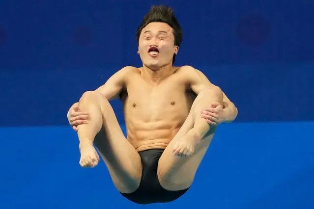 South Korea's Woo Haram competes in the Diving Men's 3m Springboard Final during the 19th Asian Games in Hangzhou, China, Tuesday, October 3, 2023. (Photo by Aaron Favila/AP Photo)
