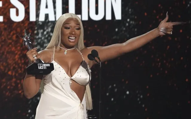 American rapper Megan Thee Stallion accepts the best female hip hop artist award at the BET Awards on Sunday, June 27, 2021, at the Microsoft Theater in Los Angeles. (Photo by Chris Pizzello/AP Photo)