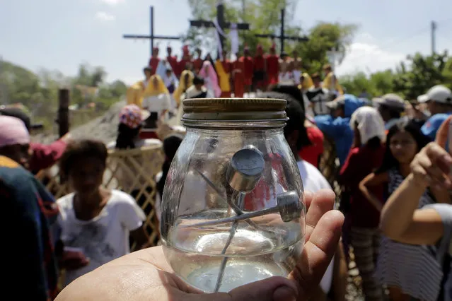 Filipino penitents are nailed to a wooden cross during the re-enactment of the crucifixion of Jesus Christ on Good Friday, in San Juan village, San Fernando city, north of Manila, Philippines, 03 April 2015. (Photo by Ritchie B. Tongo/EPA)