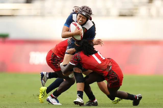 Haruka Hirotsu of Team Japan is tackled in the Women’s Placing 9-12 match between Team Kenya and Team Japan during the Rugby Sevens on day seven of the Tokyo 2020 Olympic Games at Tokyo Stadium on July 30, 2021 in Chofu, Tokyo, Japan. (Photo by Dan Mullan/Getty Images)