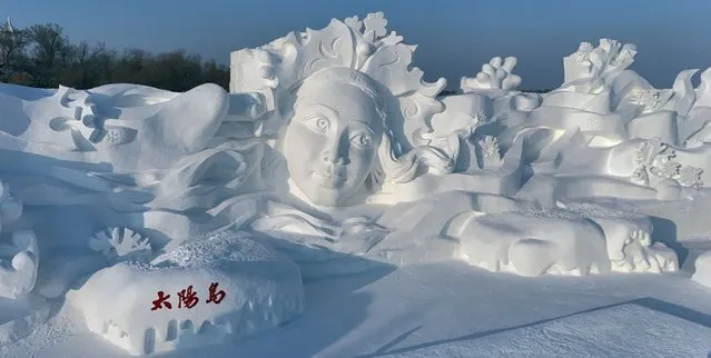 The main snow sculpture is on display during the 36th Harbin Sun Island International Snow Sculpture Art Exposition on December 27, 2023 in Harbin, Heilongjiang Province of China. (Photo by VCG/VCG via Getty Images)