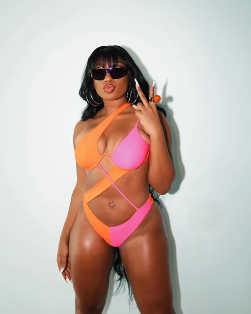 American rapper Megan Jovon Ruth Pete, known professionally as Megan Thee Stallion celebrates Friday, January 21, 2022 in a cut-out bathing suit. (Photo by theestallion/Instagram)
