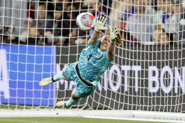 United States' Alyssa Naeher makes a save against Canada during the shoot out of a SheBelieves Cup women's soccer match Tuesday, April 9, 2024, in Columbus, Ohio. (Photo by Jay LaPrete/AP Photo)