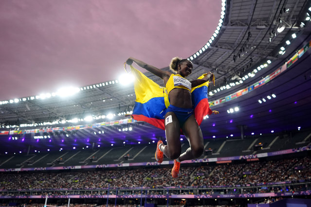 Ecuador's Kiara Rodriguez celebrates winning the Women's 100m T47 Final during the Para Athletics at the Stade de France on day six of the Paris 2024 Summer Paralympic Games on Tuesday, September 3, 2024. (Photo by Zac Goodwin/PA Images via Getty Images)