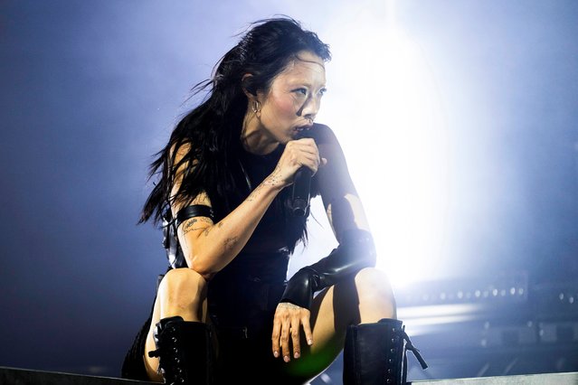 Japanese-British singer, actress and model Rina Sawayama performs on the Woodsies Stage at the Glastonbury Festival in Worthy Farm, Somerset, England, Saturday, June 24, 2023. (Photo by Scott Garfitt/Invision/AP Photo)