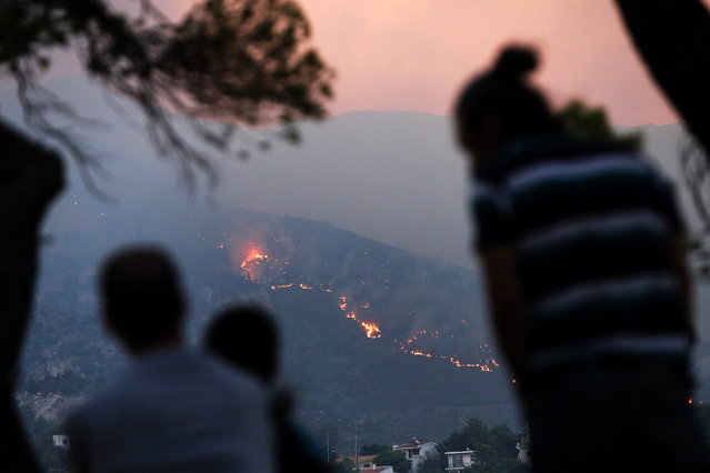 Residents watch the fire at Penteli mount, northeast Attica, Greece, 12 August 2024. Despite efforts by civil protection forces throughout the night, the fire raging in northeast Attica had advanced rapidly and was moving in the direction of Penteli, having spread over the Penteli mountain range. Authorities evacuated the Penteli Children's Hospital and the 414 Military Hospital in the area.  (Photo by George Vitsaras/EPA)