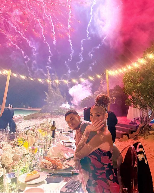Canadian fashion model Winnie Harlow and American basketball player Kyle Kuzma celebrate their engagement with family and friends on the beach in the second decade of February 2025. (Photo by winnieharlow/Instagram)