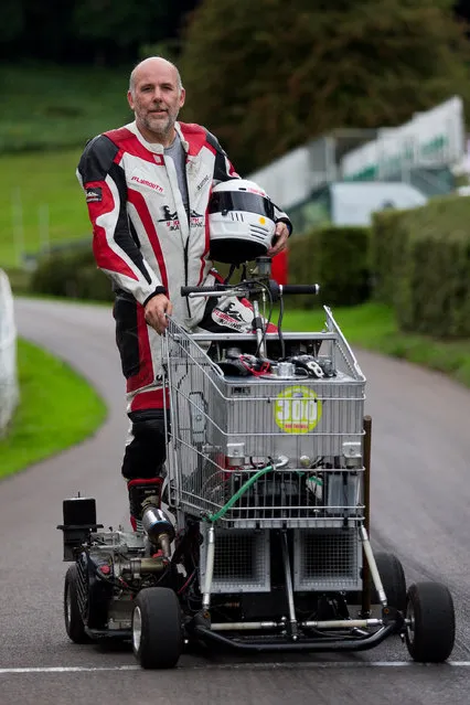 Matt Mckeown 55 stand's next to his hill climb vehicle a converted shopping trolley. Shelsley Walsh Hill Climb, Shelsley Walsh, Worcestershire, UK on September 04, 2016. (Photo by Aaron Chown/SWNS.com)