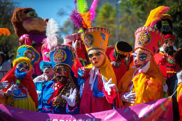 Artists in costumes participate in a traditional carnival, in the streets of Mexico City, Mexico, 04 February 2024. After the government of Mexico City issued a declaration proclaiming carnivals in Mexico City as Intangible Cultural Heritage, the “Carnival of Carnivals” was carried out, an event featuring troupes from ten municipalities. (Photo by Isaac Esquivel/EPA/EFE)