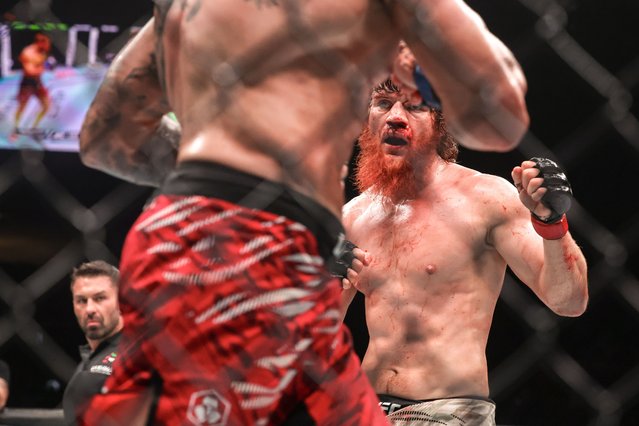 Shara Magomedov, red gloves, in action against Mark-Andre Barriault, blue gloves, during the middleweight bout, UFC Fight Night: Whittaker vs. de Ridder. Etihad Arena, Yes Island, Abu Dhabi on July 27, 2025. (Photo by Victor Besa/The National)