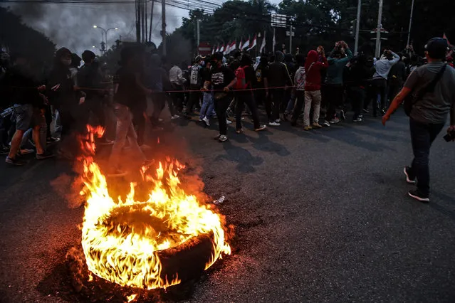 Protesters during a demonstration against a new Indonesian labour law passed last week on October 14, 2020 in Bogor, West Java. (Photo by INA Photo Agency/Rex Features/Shutterstock)