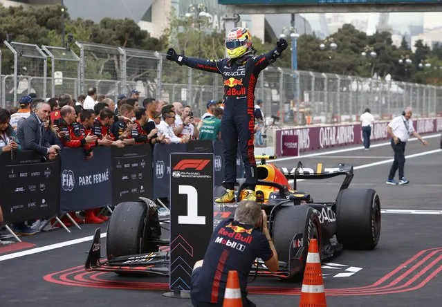 Red Bull's Sergio Perez celebrates after winning the Azerbaijan Grand Prix at Baku City Circuit on April 30, 2023. (Photo by Maxim Shemetov/Reuters)