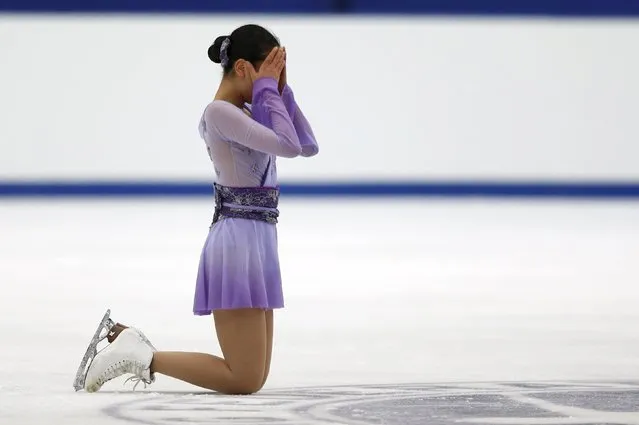 Mao Asada of Japan reacts after performing the ladies' singles free skating program at the ISU Grand Prix of Figure Skating in Nagano, Japan, November 28, 2015. (Photo by Yuya Shino/Reuters)