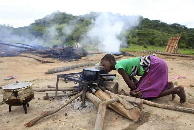A Zimbabwean girl prepares food besides burnt and demolished makeshift shelters at Manzou Farm in Mazowe, January 8, 2015. About 200 families are facing eviction from a farm near Harare after the government stated that the land was earmarked for a game park and was declared a national heritage. (Photo by Philimon Bulawayo/Reuters)
