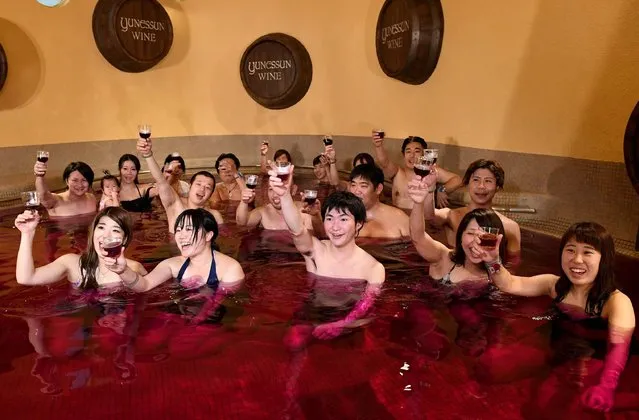 Guests toast with the 2016 Beaujolais Nouveau wine at the wine spa of the Hakone Yunessun spa resort facilities in Hakone town, Kanagawa prefecture, some 100 kilometres west of Tokyo, on November 17, 2016. With the official uncorking of the new vintage Beaujolais Nouveau, Hakone Yunessun started its annual 14-day-long Beaujolais Nouveau wine spa event. (Photo by Toshifumi Kitamura/AFP Photo)