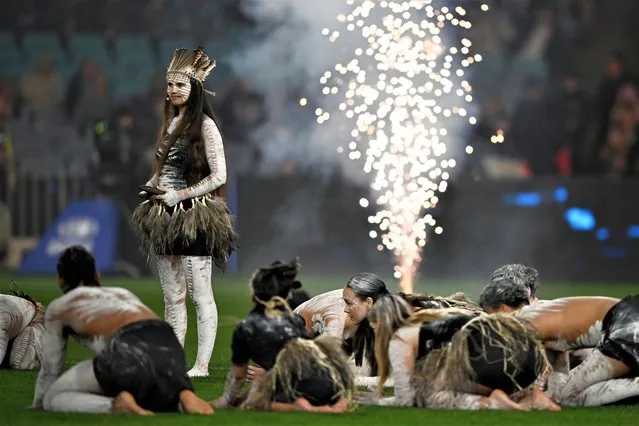 Indigenous dancers perform as part of the pre-game entertainment during Game 3 of the 2023 State of Origin series between the New South Wales Blues and the Queensland Maroons at Accor Stadium in Sydney on Wednesday, July 12, 2023. (Photo by Dan Himbrechts/AAP Image)