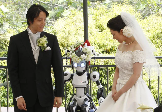 A humanoid robot named “I-Fairy” (C) acts as a witness at the wedding ceremony between Tomohiro Shibata (L) and Satoko Inoue in Tokyo May 16, 2010. The couple decided to use the robot, which conducted the ceremony with its audio functions, from Inoue's company to perform the witness' duties as they first met due to common work interest related to robots. (Photo by Yuriko Nakao/Reuters)
