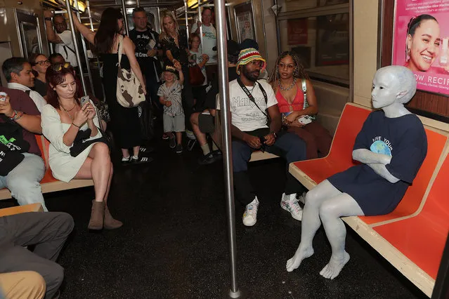 Jules the alien makes an appearance on the New York subway on August 9, 2023 before the launch of the movie. (Photo by Dave Allocca/StarPix/Rex Features/Shutterstock)