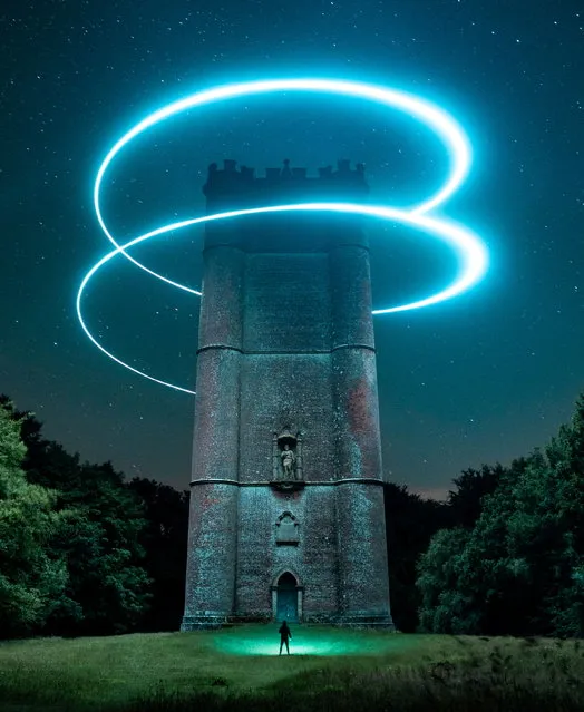 A light halo above King Alfred's Tower in South Brewham, Somerset, UK on July 26, 2023 created by Will Ferguson using his drone, that was mistaken for a UFO by locals. (Photo by Will Ferguson/Animal News Agency)