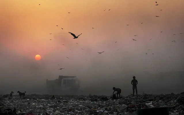 In this October 17, 2014, file photo, a thick blanket of smoke is seen against the setting sun as young ragpickers search for reusable material at a garbage dump in New Delhi, India. India's filthy air is cutting 660 million lives short by about three years, while nearly all of the country's 1.2 billion citizens are breathing in harmful pollution levels, according to research published Saturday, February 21. (Photo by Altaf Qadri/AP Photo)