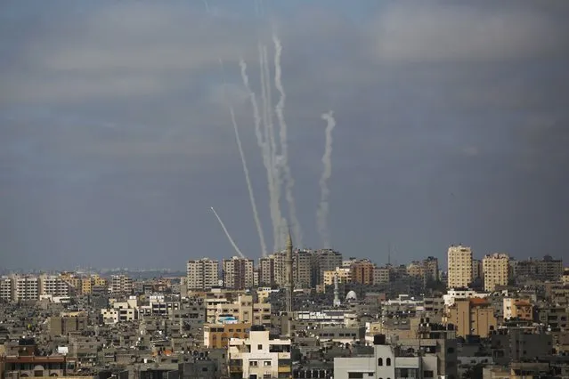 Rockets are launched from the Gaza Strip towards Israel, in Gaza City, Thursday, May 20, 2021. (Photo by Hatem Moussa/AP Photo)
