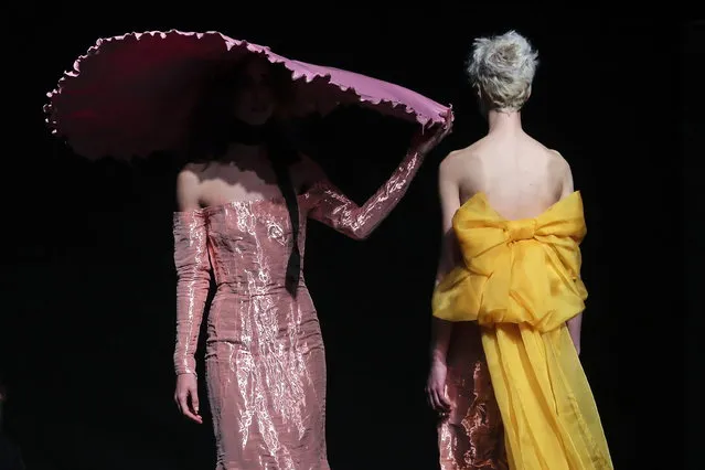 Models display creations by Portuguese designer David Ferreira on the second day of the Lisbon Fashion Week, at the Carlos Lopes Pavillion in Lisbon, Portugal, 09 March 2019. (Photo by Miguel A. Lopes/EPA/EFE)