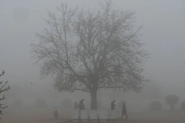 People walk in a park on a cold foggy winter morning in Islamabad on January 3, 2024. (Photo by Aamir Qureshi/AFP Photo)