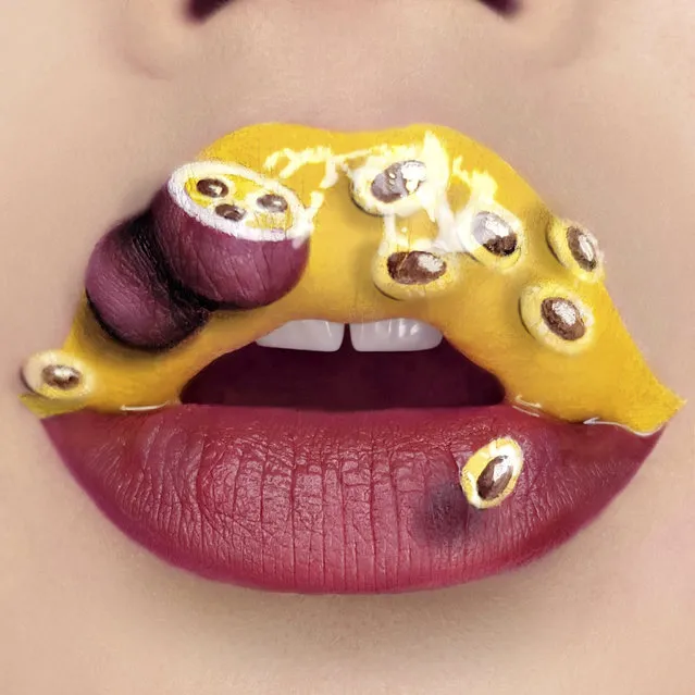 Tutushka's lipstick art work on her lips showing a passionfruit. (Photo by Tutushka Matviienko/Caters News Agency)