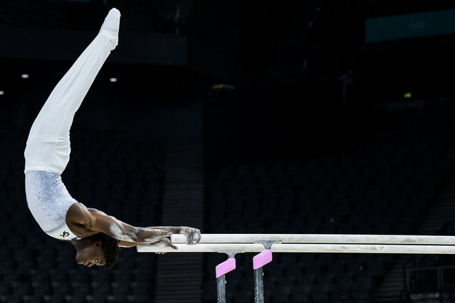 Frederick Richard of Team United States trains on the parallel bars during a Gymnastics training session ahead of the Paris 2024 Olympics Games on July 24, 2024 in Paris, France. (Photo by Tom Weller/VOIGT/GettyImages)