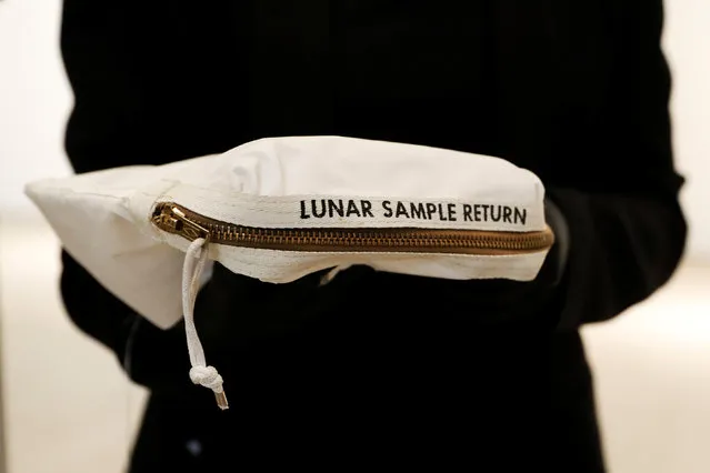 The Apollo 11 Contingency Lunar Sample Return Bag used by astronaut Neil Armstrong is displayed for Sotheby's Space Exploration auction in New York City, U.S., July 13, 2017. (Photo by Brendan McDermid/Reuters)