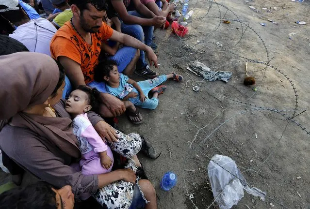 Syrian refugees sit in front of a barbed-wire at the Greek-Macedonian border, near the village of Idomeni, August 21, 2015. (Photo by Yannis Behrakis/Reuters)